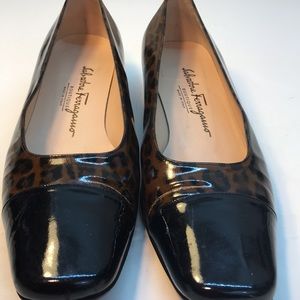 Salvatore Ferragamo Black & Leopard Print Patent Leather Shoes Size 10